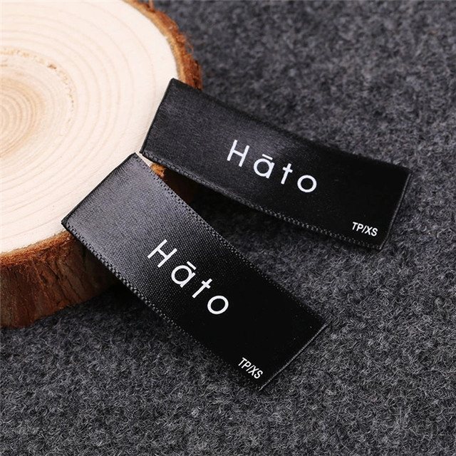 New Style Black Color Silk Printing White Logo Soft Satin Garment Woven Label